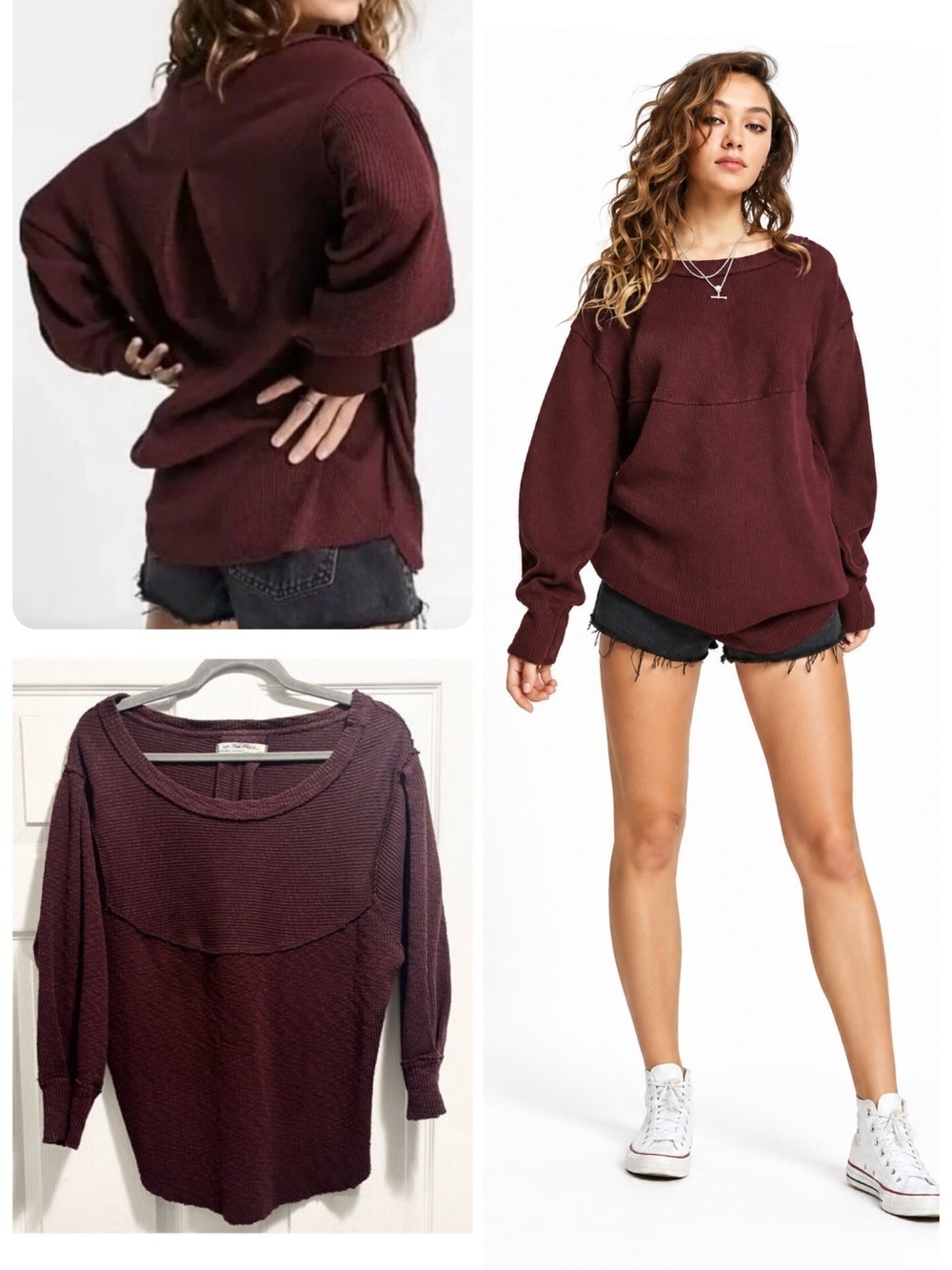 Free People OG Volume Sleeve Thermal Pullover Sweater Cherry Cola XS We The Free